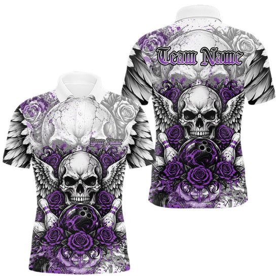 Maxcorners Purple Roses And Skull With Wings Custom Bowling Men Polo Shirt, Halloween Bowler Outfit