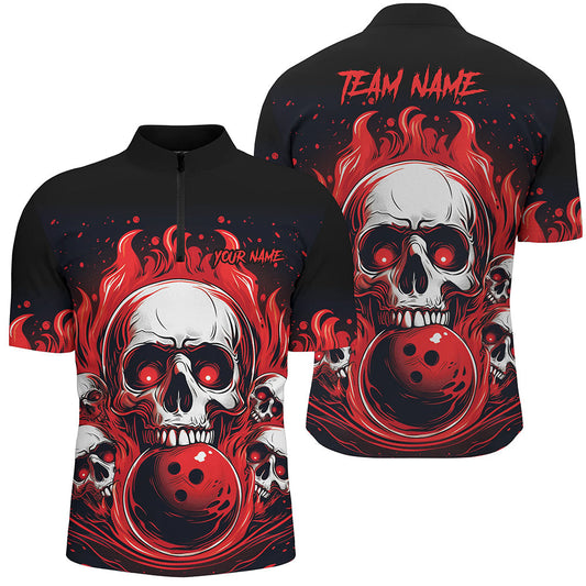 MaxCorners Bowling And Pins Vintage Skull Flame Muticolor  Customized Name, Team Name 3D Stand Collar Zipper Polo Shirt For Men