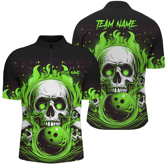 MaxCorners Bowling And Pins Vintage Skull Flame Muticolor  Customized Name, Team Name 3D Stand Collar Zipper Polo Shirt For Men