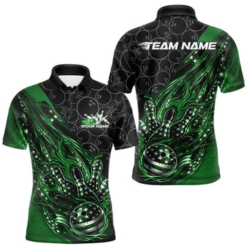 Maxcorners Custom Patriotic Green Flame Bowling Shirts, US Flag Bowling Team Jerseys Freedom 4Th Of July Bowling Shirt 4 LM1501