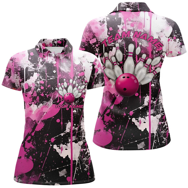 Maxcorners Pink Camo Bowling Team Shirts Polo Personalized Bowling League Jerseys Strike Bowling