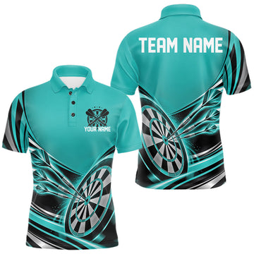Maxcorners Black And Turquoise Dart Team Men Polo Shirt With Custom Name, Dart Jersey Dart Gift