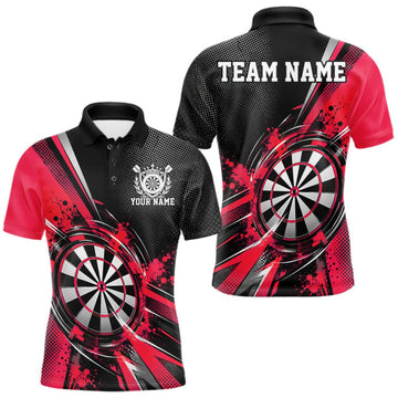 Maxcorners Custom Black And Red Splatter Dart Men Polo Shirt, Dart League Team Jersey LM1910
