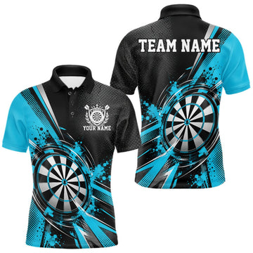 Maxcorners Custom Black And Cyan Blue Splatter Dart Men Polo Shirt, Dart League Team Jersey LM1910
