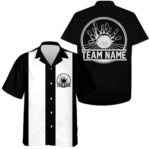 MaxCorners Bowling And Pins  Black And White Retro Bowling Customized Name, Team Name 3D Hawaiian Shirt