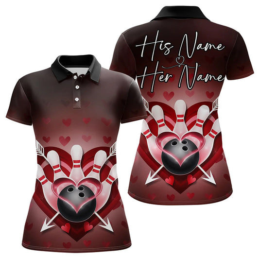 Maxcorners Custom Valentine Bowling Heart And Arrow Polo Shirts For Men And Women Couple Bowling Outfits