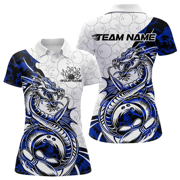 Maxcorners Custom Blue Camo Dragon Bowling Tattoo Men Polo Shirts, Dragon Bowling League Team Shirt LM113