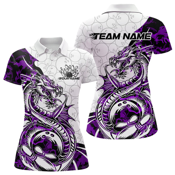 Maxcorners Custom Purple Camo Dragon Bowling Tattoo Men Polo Shirts, Dragon Bowling League Team Shirt LM113