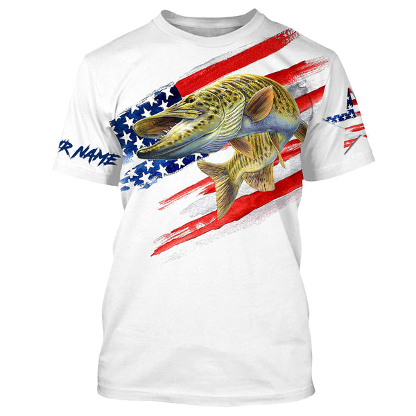 Maxcorners Musky (Muskie) Fishing American Flag Patriot Customize Name 3D Shirts