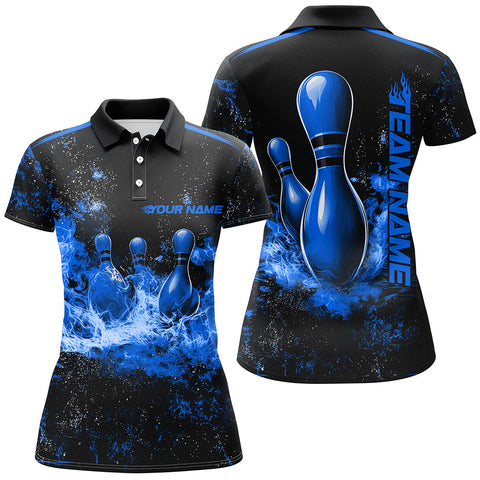 Maxcorners Black And Blue Ball Pins In Flame Bowling Jersey Customized Name, Team Name 3D Shirt