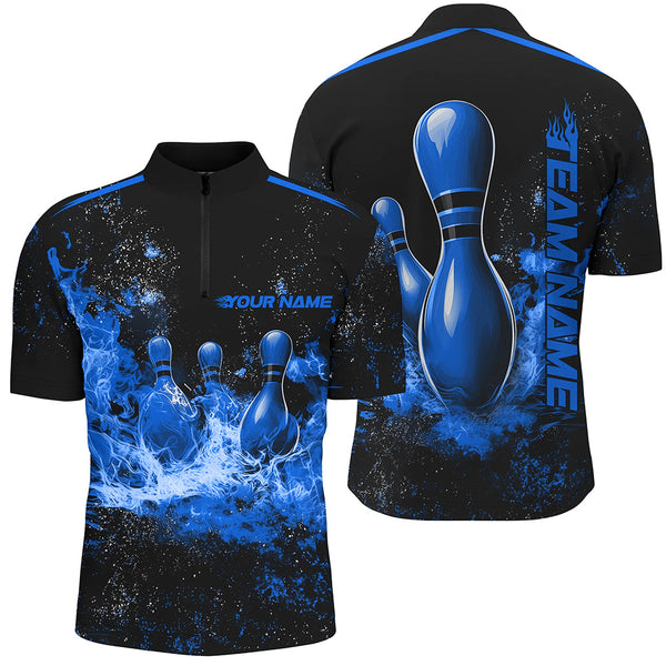 Maxcorners Black And Blue Ball Pins In Flame Bowling Jersey Customized Name, Team Name 3D Shirt