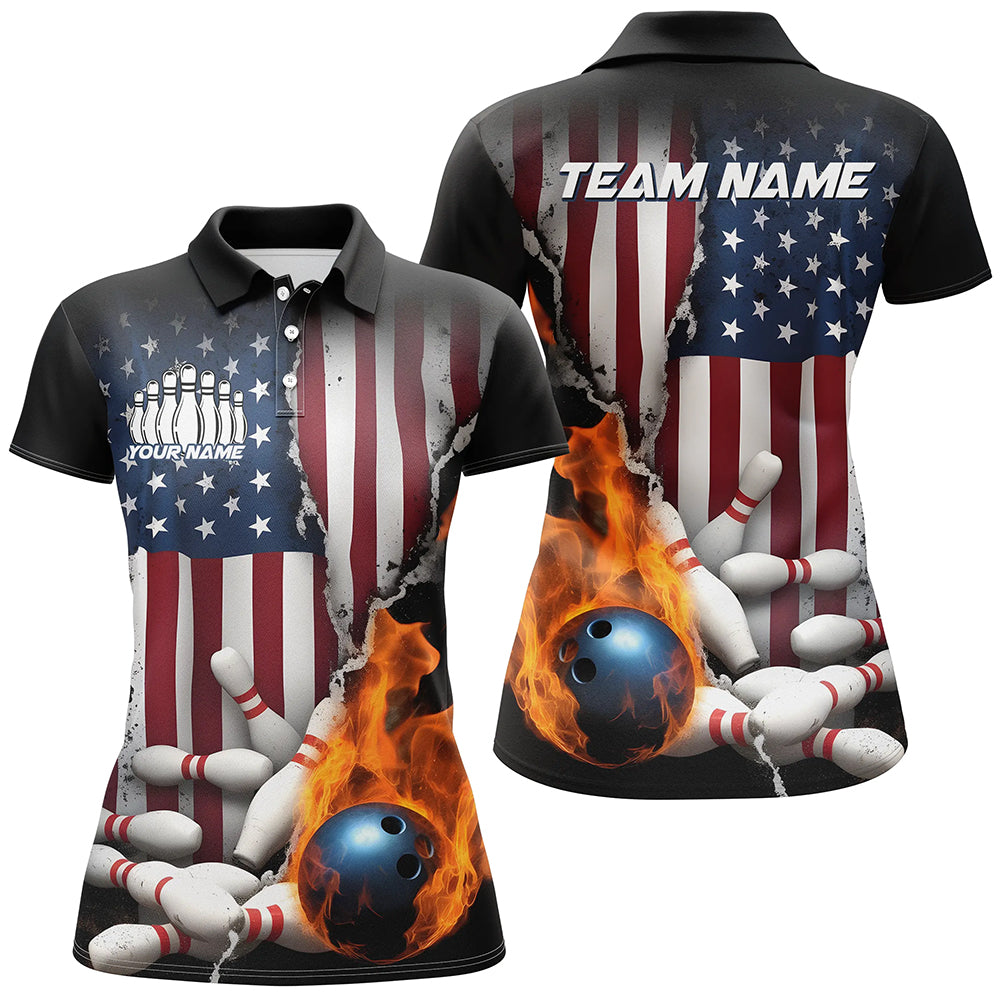 Maxcorners Flaming Ball Patriotic Bowling Jersey Customized Name, Team Name 3D Shirt