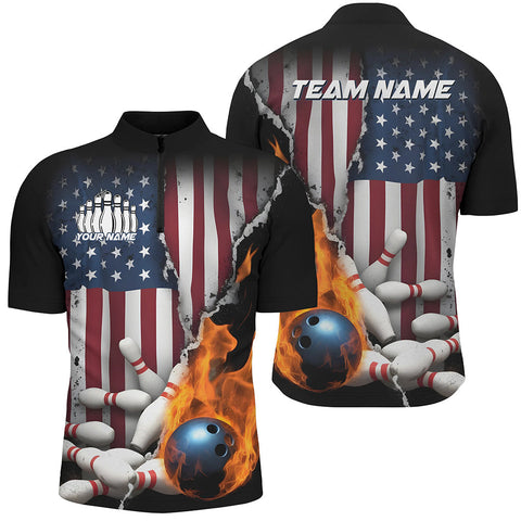 Maxcorners Flaming Ball Patriotic Bowling Jersey Customized Name, Team Name 3D Shirt