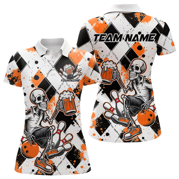 Maxcorners Custom Orange Argyle Pattern Funny Skeleton Bowling And Beer Men Polo Shirts, Team Outfit LM113