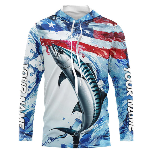 Maxcorners Custom Water American Flag King Mackerel Long Sleeve Fishing Shirts, Kingfish Team Fishing Jerseys LM0501