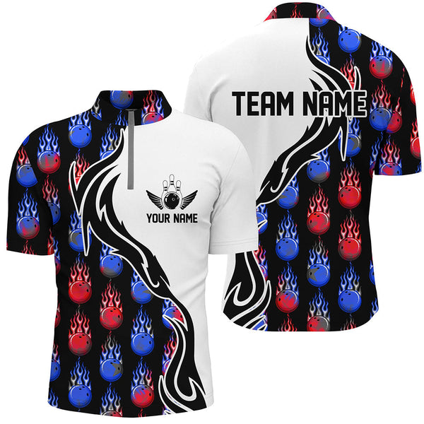 MaxCorners Bowling Ball And Pins Ball Flame Pattern Customized Name, Team Name 3D Stand Collar Zipper Polo Shirt