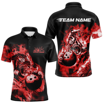 Maxcorners Custom Red Fire Flame Tiger Bowling Jerseys, Bowling Team Men Polo Shirts LM1203