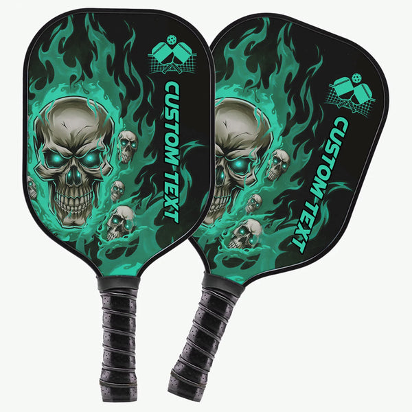 Maxcorners Black And Green Flame Skull Customized Pickleball Paddle With Names, Team Pickleball Paddles Halloween Gifts