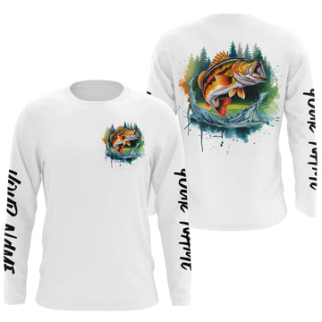 Maxcorners Watercolor Largemouth Bass Fishing Custom Long Sleeve Fishing Shirts, Bass Tournament Fishing Shirt LM0201