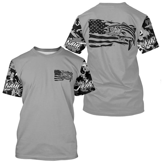 Maxcorners Gray Camo Us Flag Striped Bass Custom Patrotic Long Sleeve Fishing Shirt, Striper Fishing Jersey