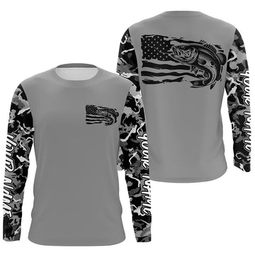 Maxcorners Gray Camo US Flag Largemouth Bass Custom Patrotic Long Sleeve Fishing Shirt, Bass Fishing Jersey LM0201