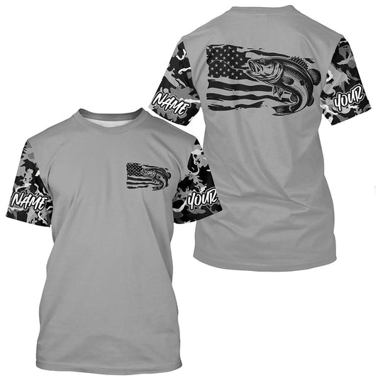 Maxcorners Gray Camo Us Flag Largemouth Bass Custom Patrotic Long Sleeve Fishing Shirt, Bass Fishing Jersey