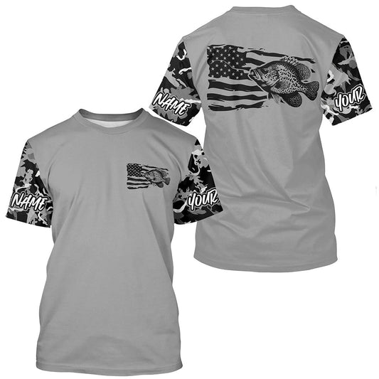 Maxcorners Gray Camo Us Flag Crappie Custom Patrotic Long Sleeve Fishing Shirt, Crappie Fishing Jersey