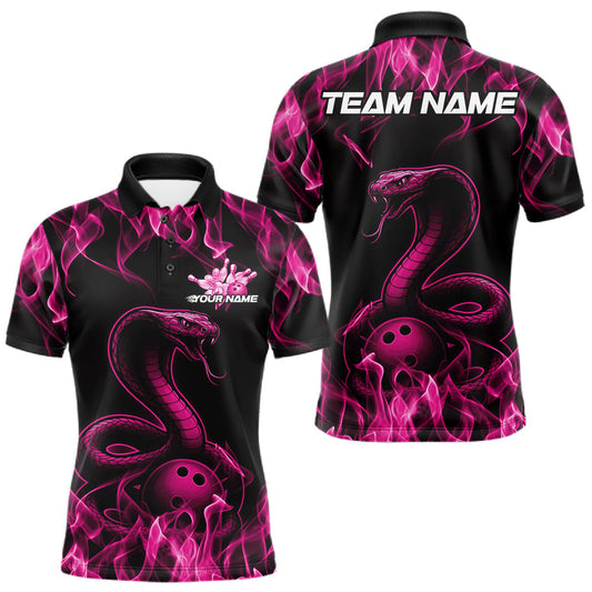 Maxcorners Custom Black And Pink Flame Cobra Snake Bowling Men Shirts, Bowling League Shirt LM2602
