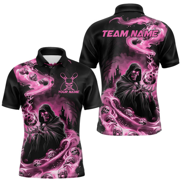 Maxcorners Black And Pink Grim Reaper Custom Halloween Bowling Team Men Polo Shirts, Bowlers Outfit