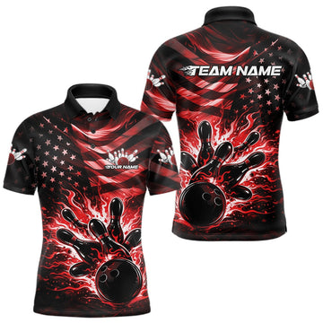 Maxcorners Custom Black And Red Patriotic Fire Flame Men Bowling Shirt, US Flag Bowling Jerseys