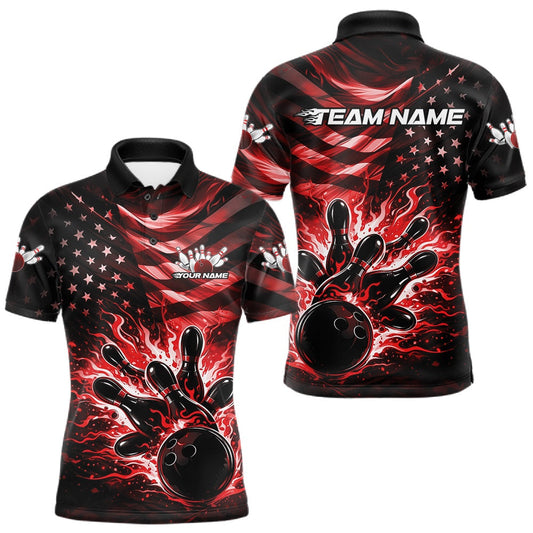 Maxcorners Custom Black And Red Patriotic Fire Flame Men Bowling Shirt, US Flag Bowling Jerseys