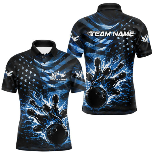 Maxcorners Custom Black And Blue Patriotic Fire Flame Men Bowling Shirt, US Flag Bowling Jerseys