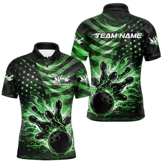 Maxcorners Custom Black And Green Patriotic Fire Flame Men Bowling Shirt, US Flag Bowling Jerseys