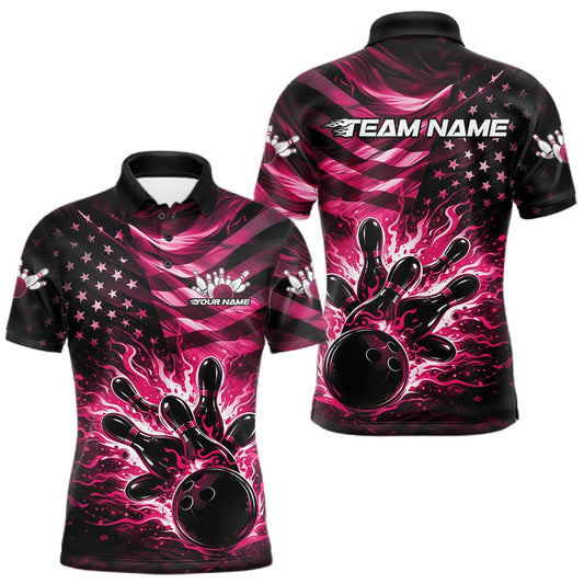 Maxcorners Custom Black And Pink Patriotic Fire Flame Men Bowling Shirt, US Flag Bowling Jerseys