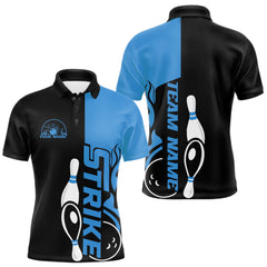 Maxcorners Custom Black And Blue Flame Strike Bowling Men Polo Shirt, Bowling Tournament Shirt
