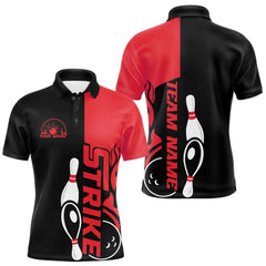 Maxcorners Custom Black And Red Flame Strike Bowling Men Polo Shirt, Bowling Tournament Shirt