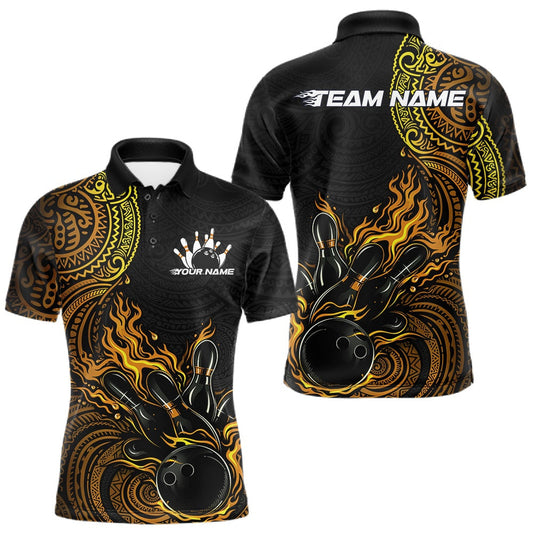 Maxcorners Custom Black And Yellow Tribal Flame Bowling Ball Bowling Team Shirts, Polynesian Bowling Tournament Shirt 8 LM1501