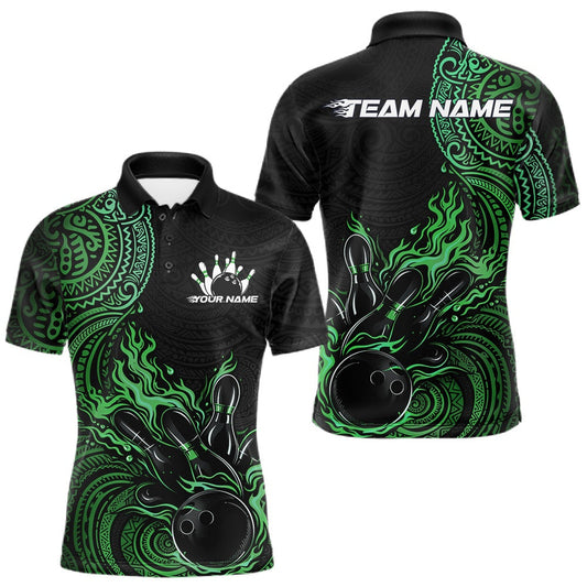 Maxcorners Custom Black And Green Tribal Flame Bowling Ball Bowling Team Shirts, Polynesian Bowling Tournament Shirt 7 LM1501