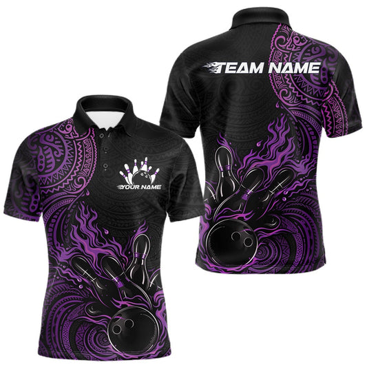 Maxcorners Custom Black And Purple Tribal Flame Bowling Ball Bowling Team Shirts, Polynesian Bowling Tournament Shirt LM1501