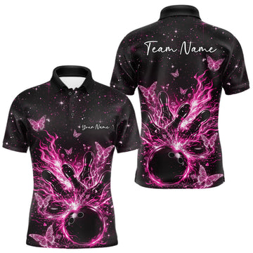 Maxcorners Custom Pink Galaxy Butterfly Bowling Men Polo Shirt, Flame Bowling Team Jerseys