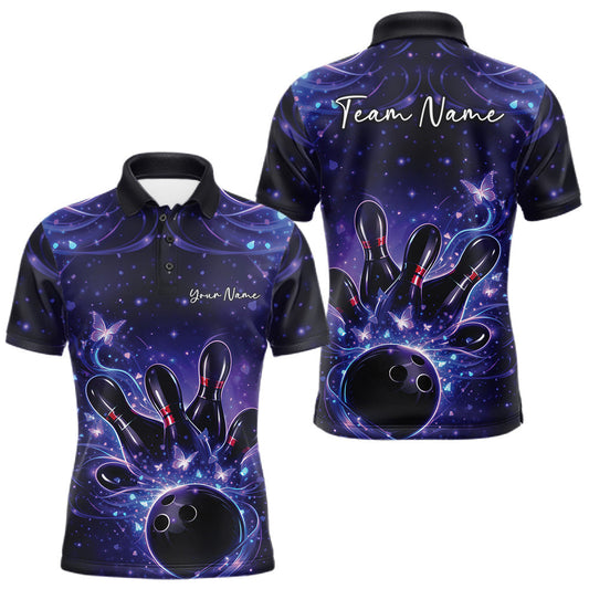 Maxcorners Custom Dreamy Blue And Purple Butterfly Men Bowling Polo Shirt, Bowling Team Outfit