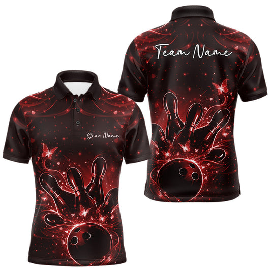 Maxcorners Custom Dreamy Red Butterfly Men Bowling Polo Shirt, Bowling Team Outfit