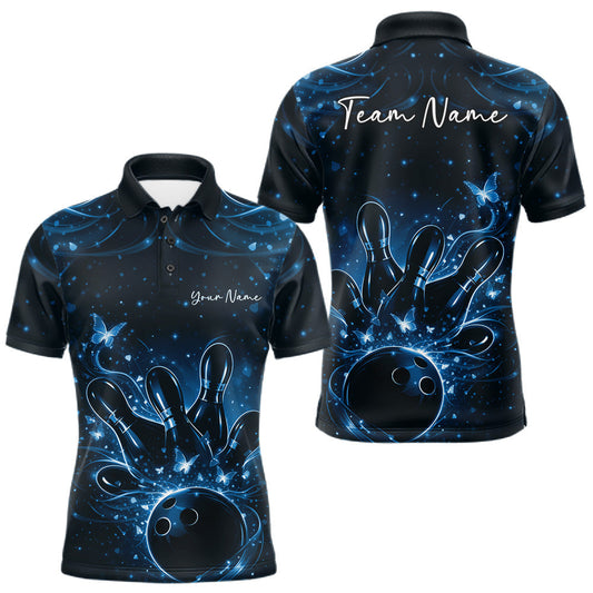 Maxcorners Custom Dreamy Blue Butterfly Men Bowling Polo Shirt, Bowling Team Outfit