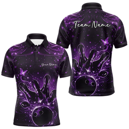 Maxcorners Custom Dreamy Purple Butterfly Men Bowling Polo Shirt, Bowling Team Outfit