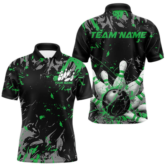 Maxcorners Custom Black And Green Splatter Camo Bowling Team Polo Shirts For Men LM2602