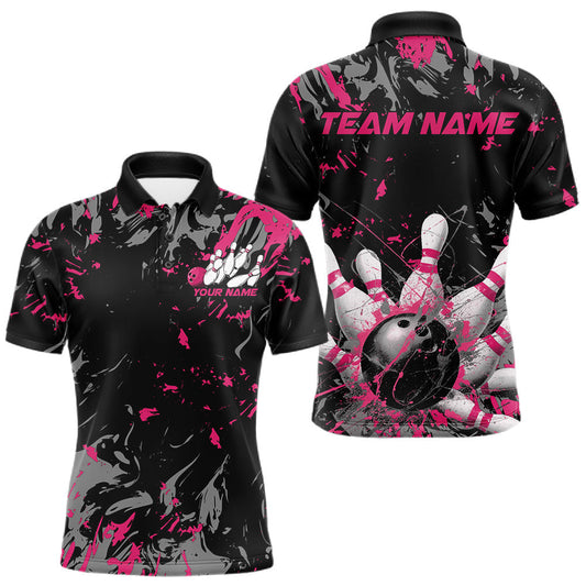 Maxcorners Custom Black And Pink Splatter Camo Bowling Team Polo Shirts For Men LM2602