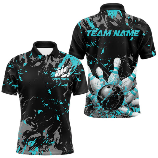 Maxcorners Custom Black And Turquoise Blue Splatter Camo Bowling Team Polo Shirts For Men LM2602