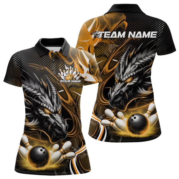 Maxcorners Custom Black And Yellow Flame Dragon Bowling Jerseys, Dragon Bowling Team Men Polo Shirts LM193