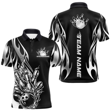 Maxcorners Custom Black And Silver Tribal Flame Men Bowling Polo Shirt, Bowling Tournament Shirt