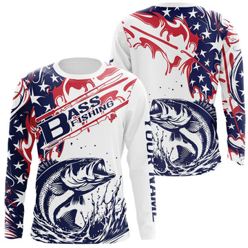 Maxcorners Custom American Flag Largemouth Bass Long Sleeve Fishing Shirts, Patriotic Bass Fishing Jerseys LM0201